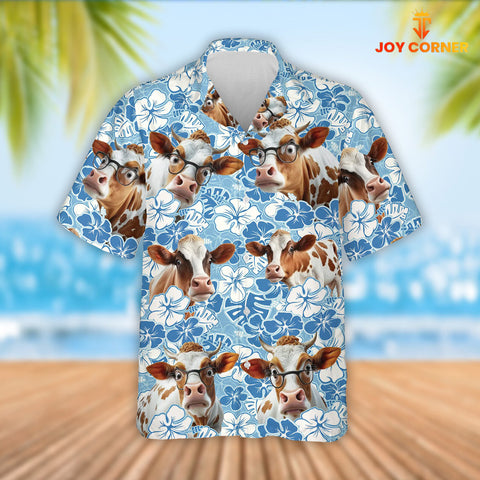 Joy Corners Funny Dexter Cattle Blue Flower Pattern 3D Hawaiian Shirt