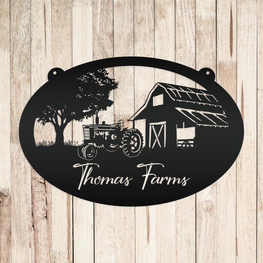 Joycorners Personalized Antique Tractor and Barn Farm Scene Metal Sign, Farmhouse-Family Farm Sign-Personalized Farm Sign LM0110