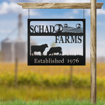 Joycorners Personalized Square Farm Animal Scene Wall Decor, Farm Wall Art, Farm Decor for the Wall, Farmhouse Decor, Cow Farm Scene Metal Sign, Family Farm Sign LM0110