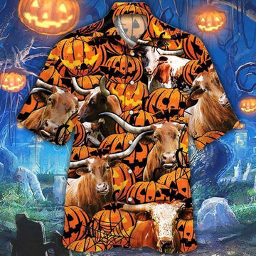 Joycorners Happy Halloween TX longhorn Pumpkin All Over Printed 3D Hawaiian Shirt