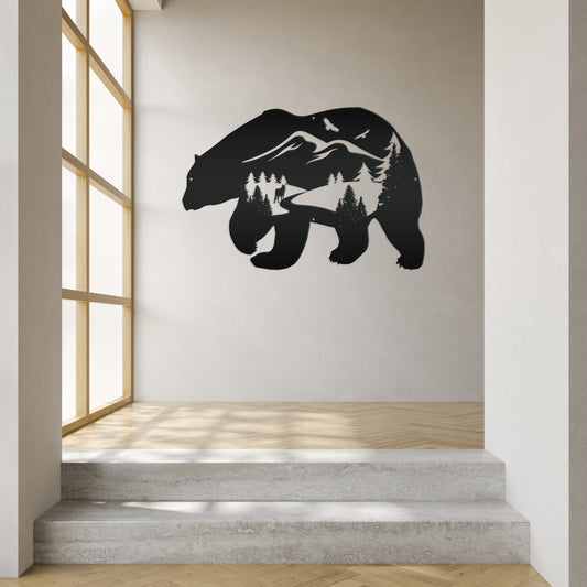 Joycorners Bear Silhouette With Mountain Scene Metal Sign-Rustic Cabin-Lodge Metal Wall Decor with Mountain scene LM0110