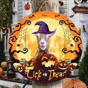 Joycorners Happy Halloween Goat Lick Or Treat Round Wooden Sign