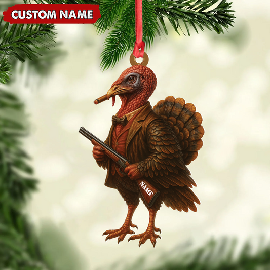 Joycorners Personalized Funny Turkey Hunter Ornament, Dapper Gobbler with Gun Christmas Decor, Unique Gag Gift for Hunters and Men MT1111