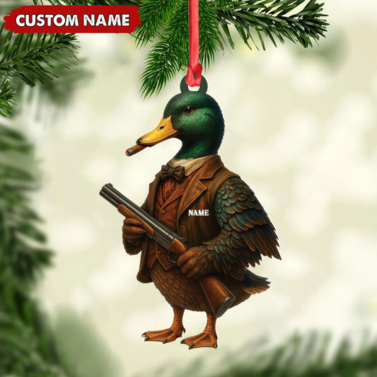 Joycorners Personalized Funny Duck Hunter Ornament, Dapper Mallard with Gun Christmas Decor, Unique Gag Gift for Hunters and Men MT1111