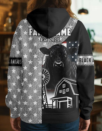 Joycorners Black Angus Farm Life US Flag Personalized Name, Farm Name Unisex 3D Hoodie