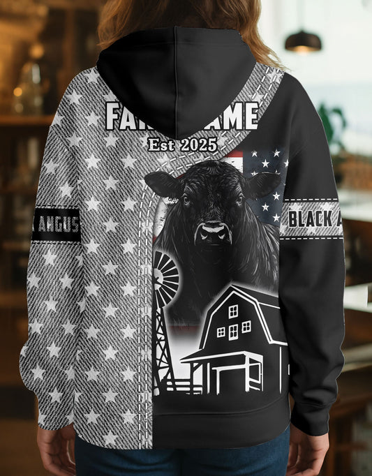 Joycorners Black Angus Farm Life US Flag Personalized Name, Farm Name Unisex 3D Hoodie