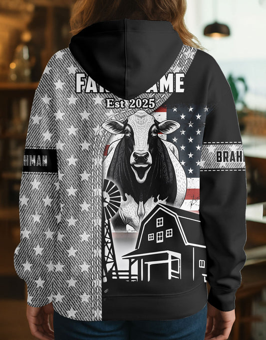 Joycorners Brahman Farm Life US Flag Personalized Name, Farm Name Unisex 3D Hoodie
