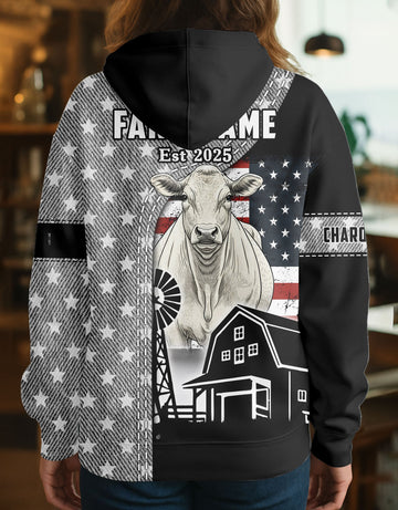 Joycorners Charolais Farm Life US Flag Personalized Name, Farm Name Unisex 3D Hoodie
