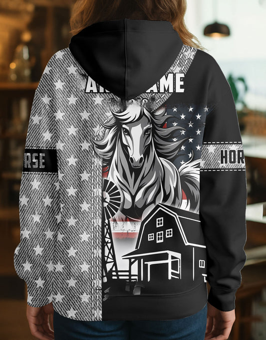 Joycorners Horse Farm Life US Flag Personalized Name, Farm Name Unisex 3D Hoodie