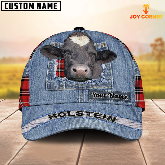 Joycorners Holstein Overall Jeans Pattern And Red Caro Pattern Customized Name Cap