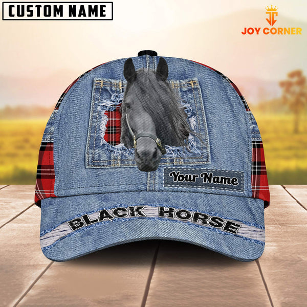 Joycorners Black Horse Overall Jeans Pattern And Red Caro Pattern Customized Name Cap