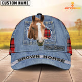 Joycorners Brown Horse Overall Jeans Pattern And Red Caro Pattern Customized Name Cap