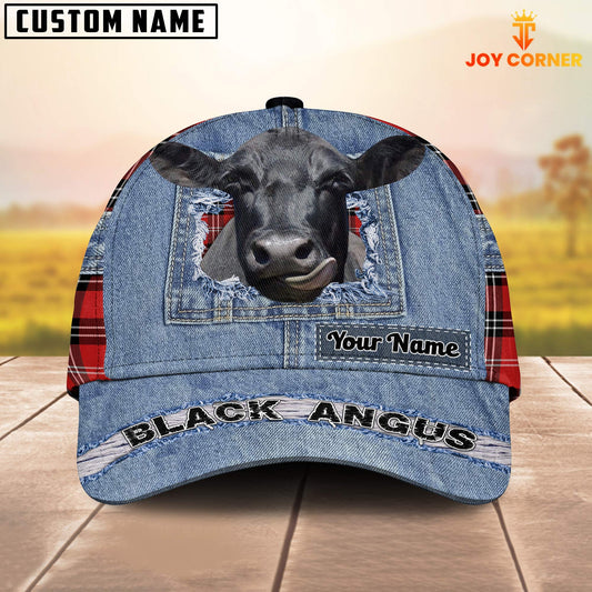 Joycorners Black Angus Overall Jeans Pattern And Red Caro Pattern Customized Name Cap