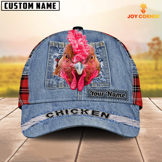 Joycorners Chicken Overall Jeans Pattern And Red Caro Pattern Customized Name Cap