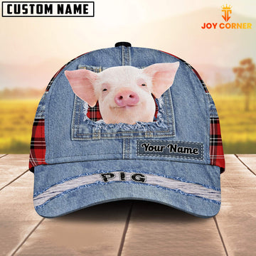 Joycorners Piggie Overall Jeans Pattern And Red Caro Pattern Customized Name Cap