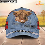 Joycorners Highland Cattle Overall Jeans Pattern And Red Caro Pattern Customized Name Cap