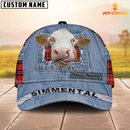 Joycorners Simmental Overall Jeans Pattern And Red Caro Pattern Customized Name Cap