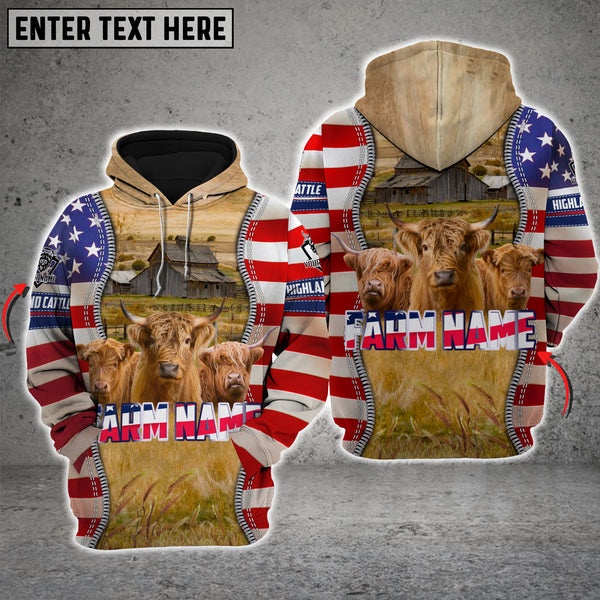 Joycorners Farm Highland Cattle America Pride Custom Name And Farm Name 3D Shirts