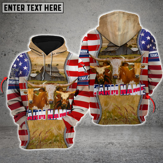 Joycorners Farm Texas Longhorn America Pride Custom Name And Farm Name 3D Shirts