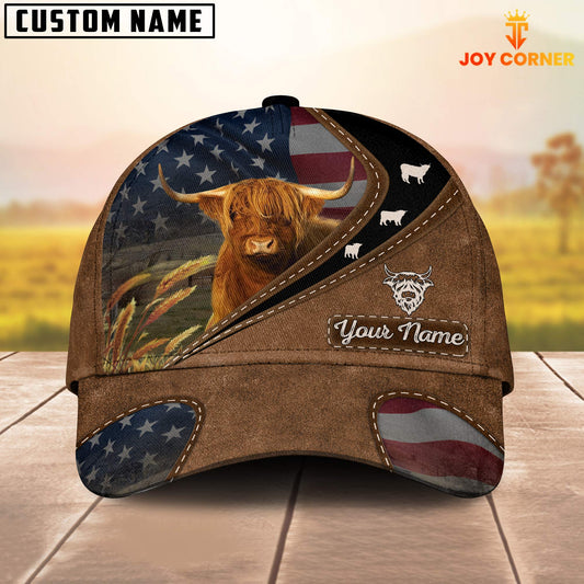 Joycorners Highland Cattle Leather Pattern American Customized Name Cap