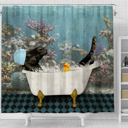Joy Corners Black Horse Taking Shower Under The Sea 3D Shower Curtain