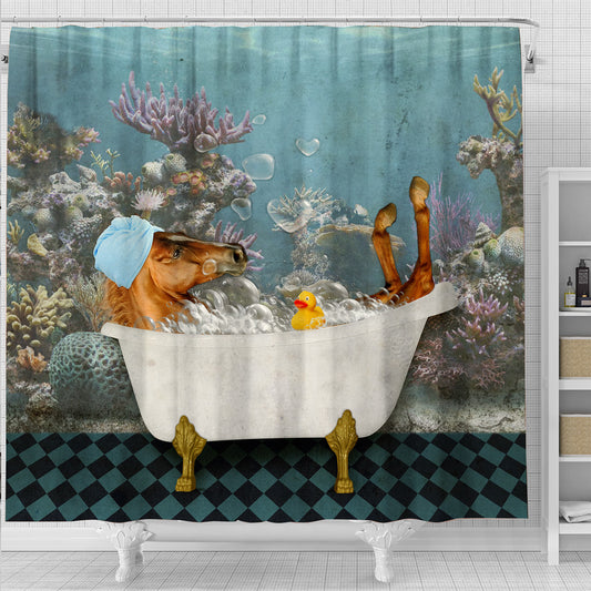 Joy Corners Brown Horse Taking Shower Under The Sea 3D Shower Curtain