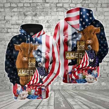 Joycorners Farm Highland Cattle Cross God Bless America 3D Shirts