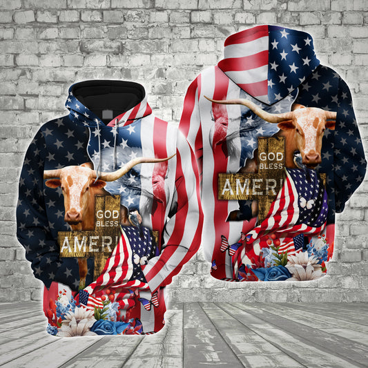 Joycorners Farm Texas Longhorn Cross God Bless America 3D Shirts