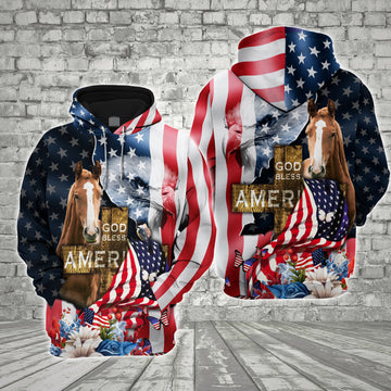 Joycorners Farm Brown Horse Cross God Bless America 3D Shirts