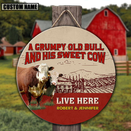 Joycorners Personalized Hereford Grumpy Old Bull And His Sweet Cow Wooden Sign