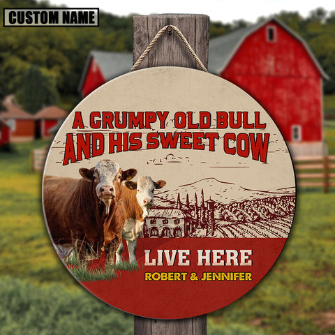Joycorners Personalized Simmental Grumpy Old Bull And His Sweet Cow Wooden Sign