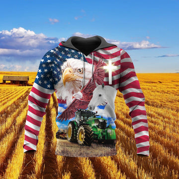 Joycorners Farm White Horse Eagles Tractor Cross 3D Shirts