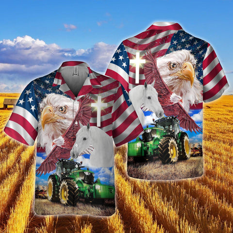 Joy Corners White Horse With Eagles And Tractor 3D Hawaiian Shirt