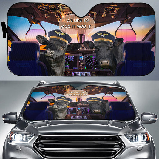 Joycorners Black Angus Pilot I Like To Moo It Moo It All Over Printed 3D Sun Shade