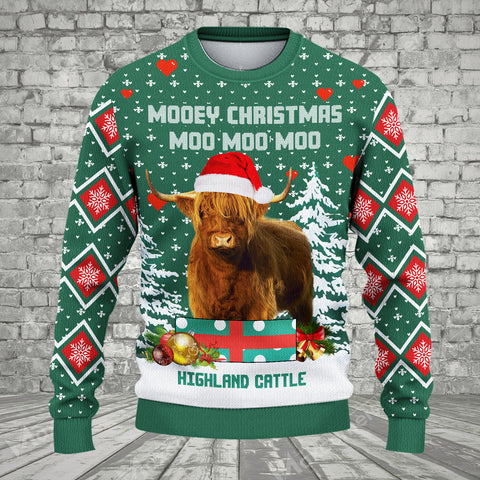 Joycorners Highland Cattle Green Merry Christmas Ugly Sweater