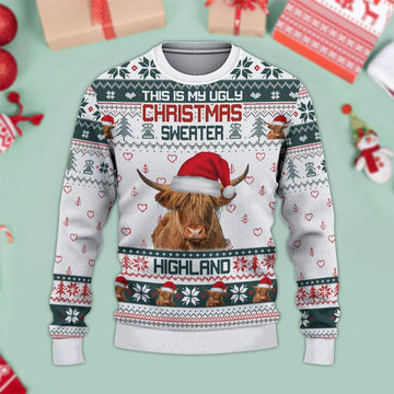 Joycorners Highland Cattle Green Merry Christmas Ugly Sweater