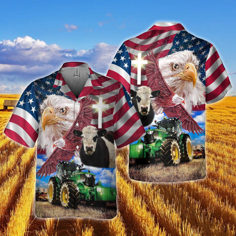 Joy Corners Belted Galloway With Eagles And Tractor 3D Hawaiian Shirt