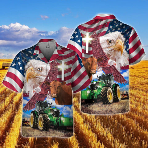 Joy Corners Red Angus With Eagles And Tractor 3D Hawaiian Shirt