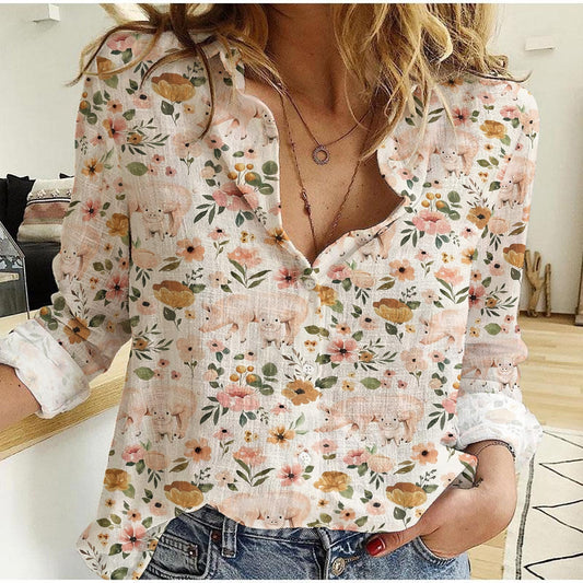 Joycorners Piggies Flower Pattern Casual Shirt