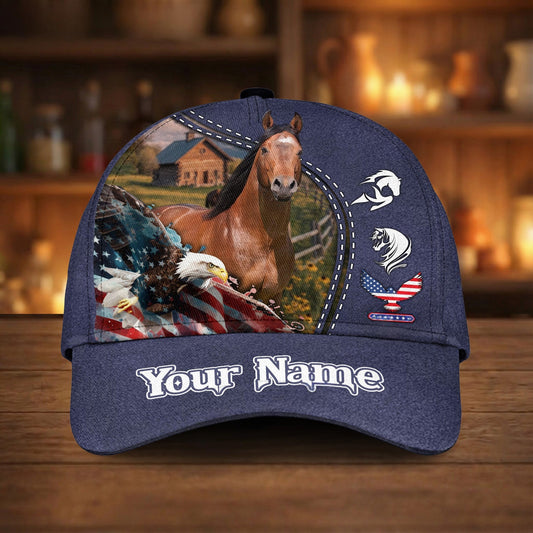 Joycorners Personalized Horse & Bald Eagle USA Flag Baseball Cap (9 Breeds)