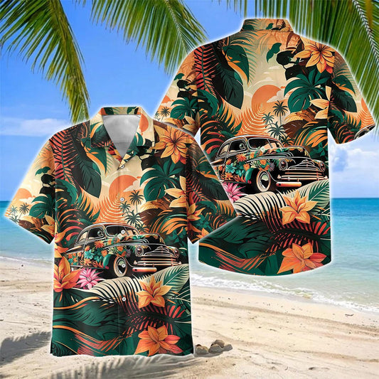 Joycorners Vintage Camping Classic Car Tropical Floral Hawaiian Shirt