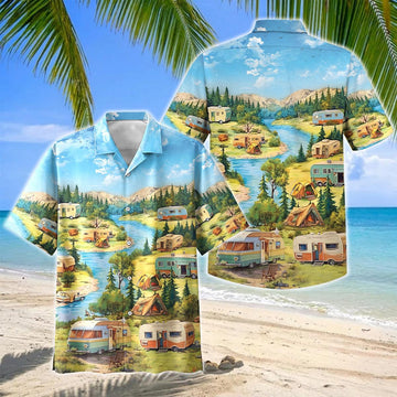 Joycorners Retro Camper Trailer Riverside Nature Hawaiian Shirt