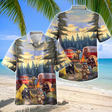 Joycorners Bear Family Camping Trailer Forest Hawaiian Shirt