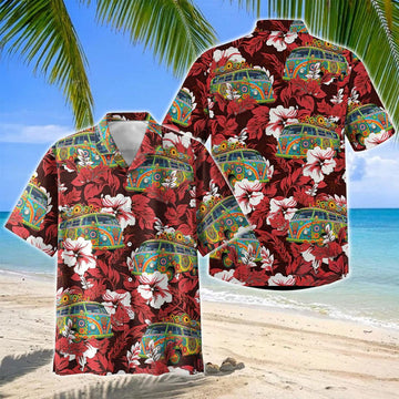 Joycorners Hippie Camping Van Red Hibiscus Hawaiian Shirt