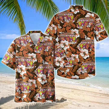 Joycorners Hippie Camping Van Brown Hibiscus Hawaiian Shirt
