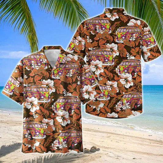Joycorners Hippie Camping Van Brown Hibiscus Hawaiian Shirt