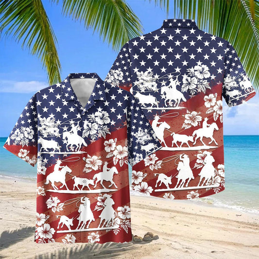 Joycorners Patriotic American Flag Western Cowboy Rodeo Floral Hawaiian Shirt