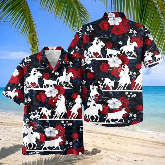 Joycorners Western Cowboy Rodeo Red Rose Floral Hawaiian Shirt