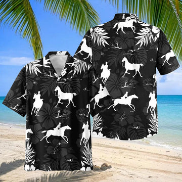 Joycorners Black White Tropical Horse Rider Aloha Shirt