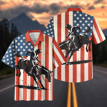 Joycorners Patriotic American Flag Western Cowboy Bucking Bronco Hawaiian Shirt